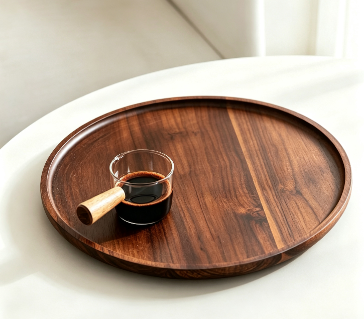 Japanese Round Solid Wood Tray, Walnut Tea Serving Platter, Coffee Shop Dessert Cake Plate Multi-Purpose Storage Wooden Tray for Home